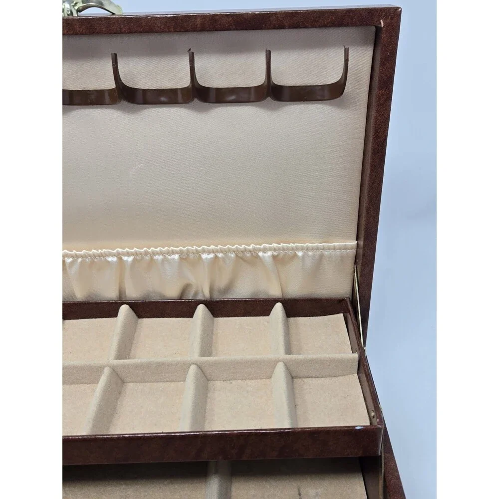 VINTAGE MELE TWO TIER BROWN FAUX LEATHER JEWELERY BOX GOLD FILIGREE CREAM VELVET